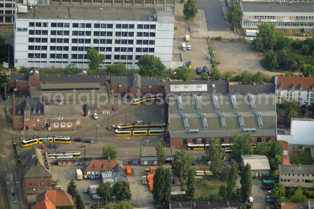 Aerial image Berlin - Maintenance and storage facility on Wendenschlossstrasse in the Koepenick part of Berlin in Germany. The historic depot is a tram station which is run by the Berlin transportation company BVG and is used for the 60 lines of the Berlin trams