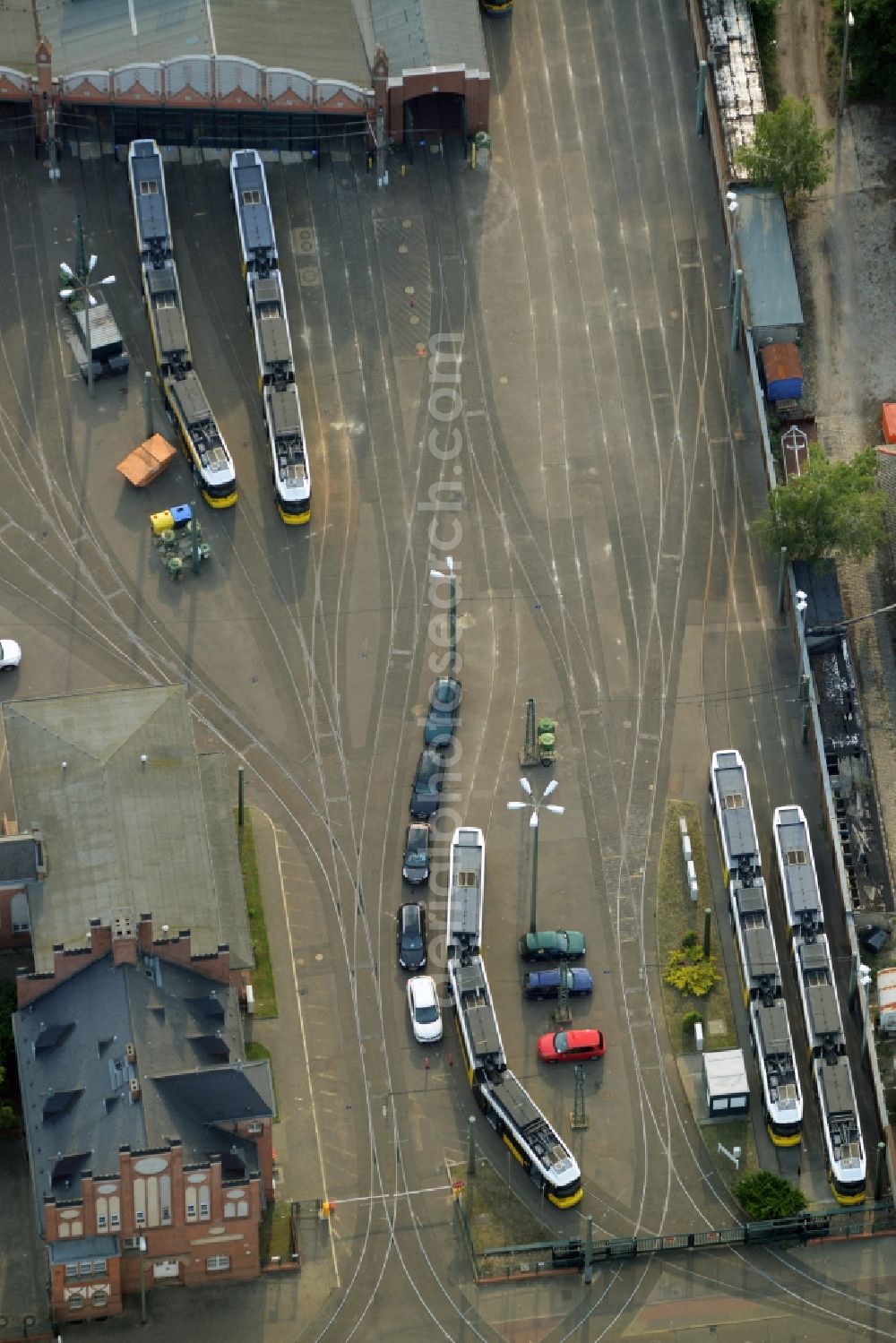 Berlin from above - Maintenance and storage facility on Wendenschlossstrasse in the Koepenick part of Berlin in Germany. The historic depot is a tram station which is run by the Berlin transportation company BVG and is used for the 60 lines of the Berlin trams