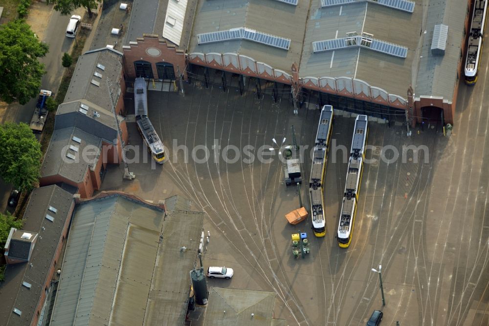 Berlin from the bird's eye view: Maintenance and storage facility on Wendenschlossstrasse in the Koepenick part of Berlin in Germany. The historic depot is a tram station which is run by the Berlin transportation company BVG and is used for the 60 lines of the Berlin trams