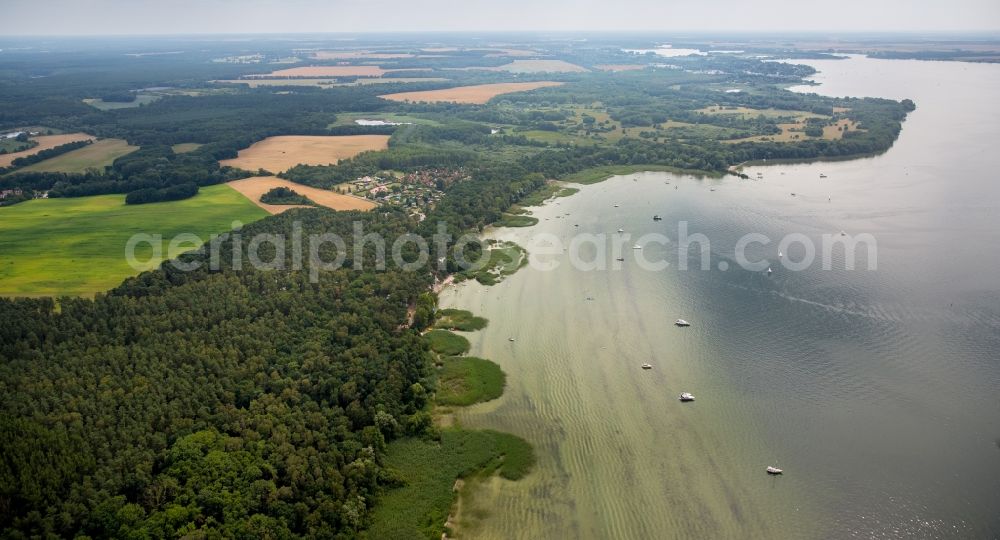 Boeker Mühle from the bird's eye view: Wooded riparian areas of the Mueritz with small boats in Boeker Muehle in the state of Mecklenburg - Western Pomerania