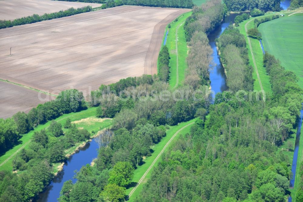 Dömitz from the bird's eye view: Irrigation canal for agriculture in Meloration - field - Landscape near Doemitz in Mecklenburg-Western Pomerania