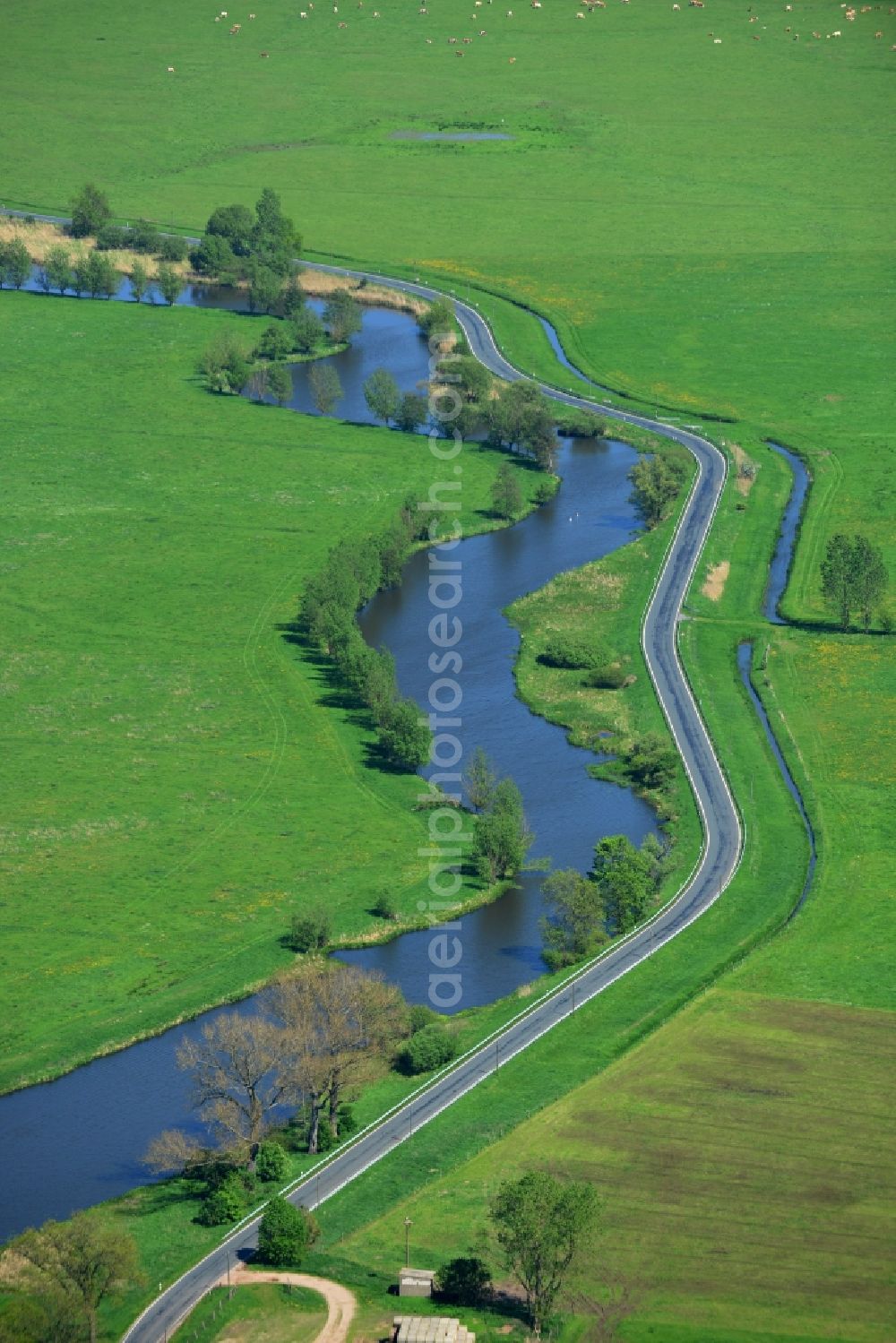 Groß Schmölen from above - Irrigation canal for agriculture in Meloration - field - Landscape near Gross Schmoelen in Mecklenburg-Western Pomerania