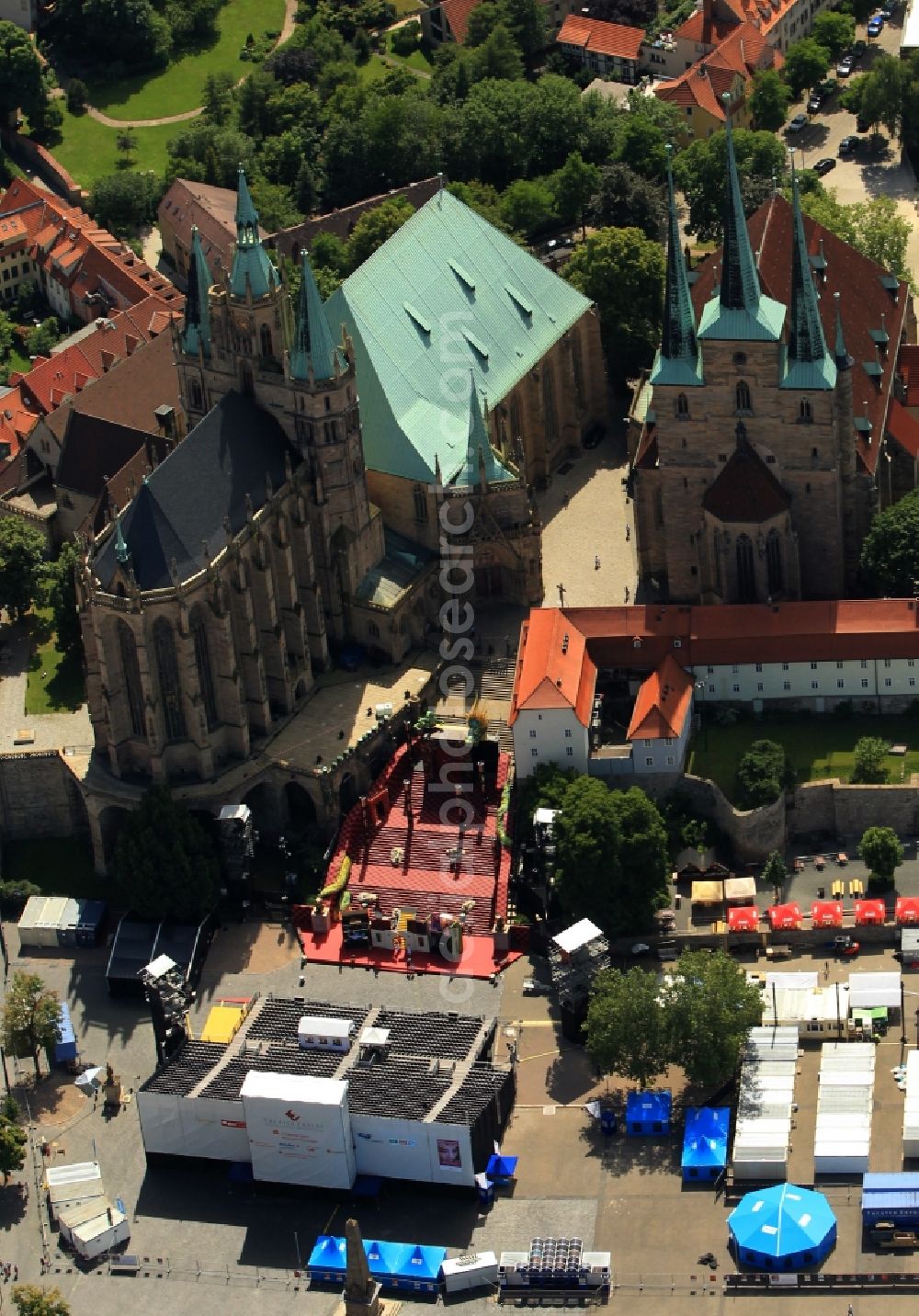 Erfurt from above - View of the St. Severus and the Erfurt Cathedral, the former St. Mary's Church at the Cathedral Square and the old town of Erfurt