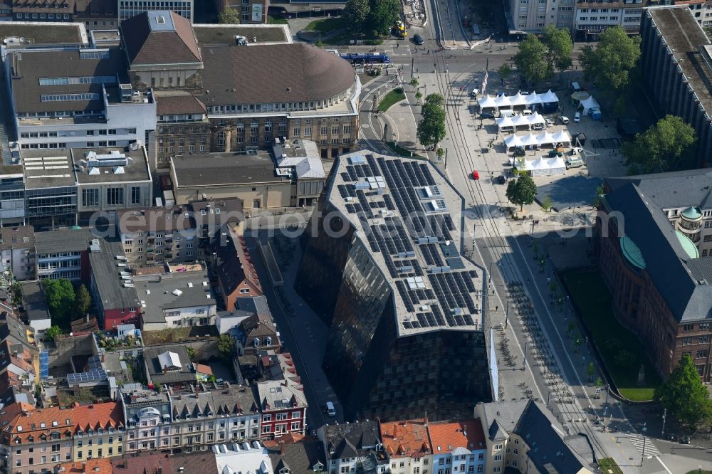 Freiburg im Breisgau from above - Library Building of Universitaetsbibliothek Freiburg on Platz of Universitaet in Freiburg im Breisgau in the state Baden-Wuerttemberg, Germany