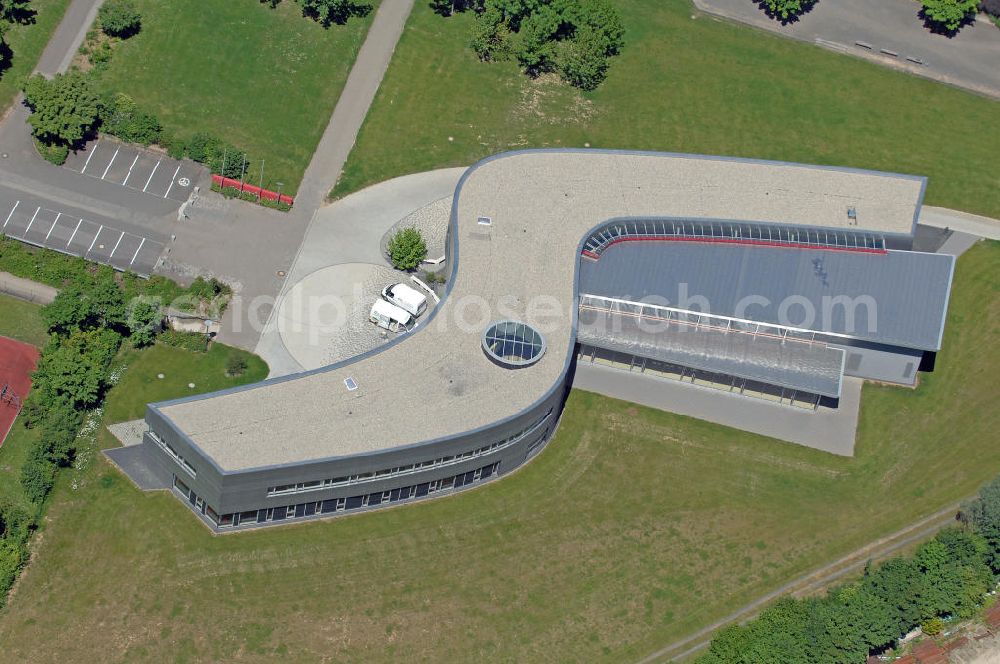 Aerial image Haßfurt - Blick auf das Bibliotheks- und Informationszentrum Haßfurt. Das neu errichtete Gebäude ist Teil des Schulzentrums und dient auch der Ganztagsbetreuung. View of the Library and Information Center Hassfurt. The newly constructed building is part of a school center and is also day care. http://