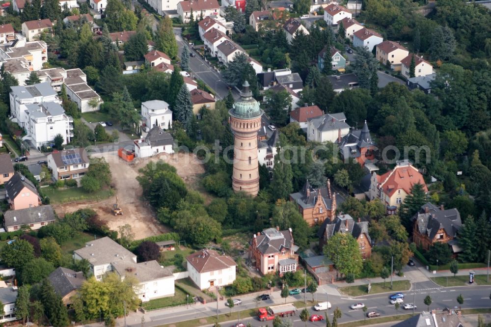 Aerial photograph Wiesbaden - Biebricher water tower at the Rudolf Vogt-Strasse in Wiesbaden in Hesse