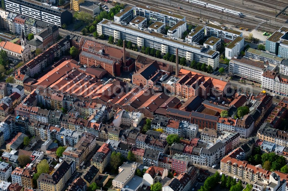 München from above - Buildings and production halls on the premises of the brewery Augustiner-Braeu Wagner KG and Westendstrasse in the district Schwanthalerhoehe in Munich in the state Bavaria, Germany