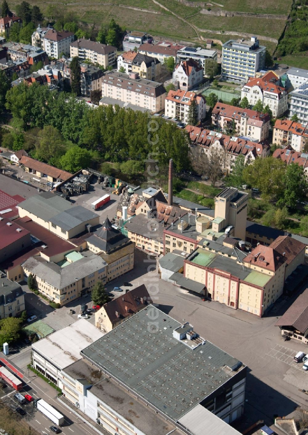 Freiburg im Breisgau from the bird's eye view: Building and production halls on the premises of the brewery Ganter in Freiburg im Breisgau in the state Baden-Wuerttemberg