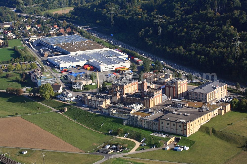 Aerial photograph Rheinfelden - Building and production halls on the premises of the brewery Feldschloesschen in Rheinfelden in Switzerland