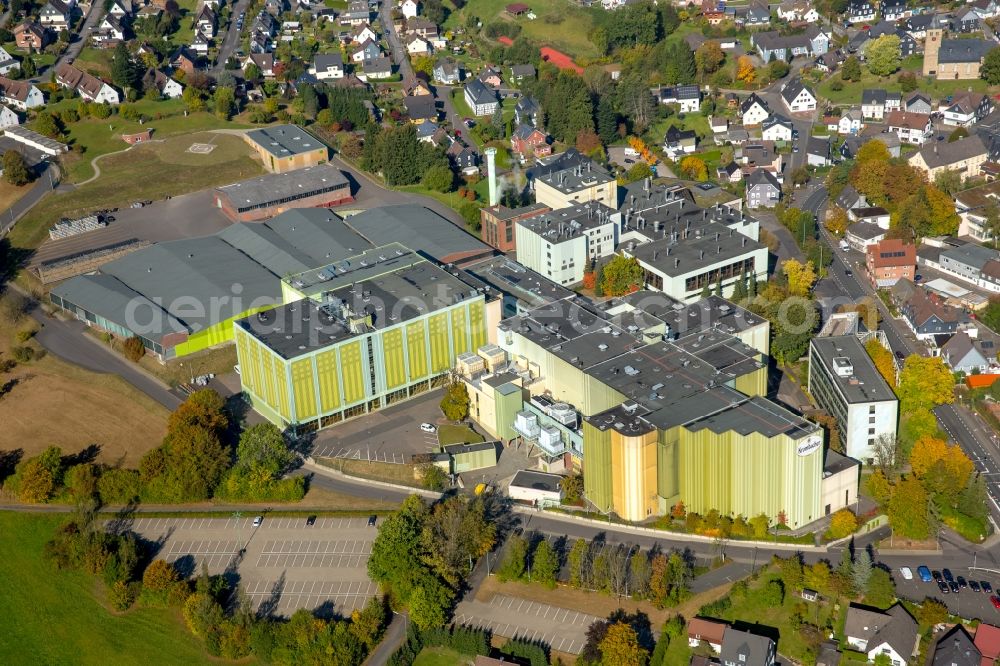 Aerial image Kreuztal - Building and production halls on the premises of the brewery Krombacher Brauerei on Hagener Strasse in Kreuztal in the state North Rhine-Westphalia, Germany