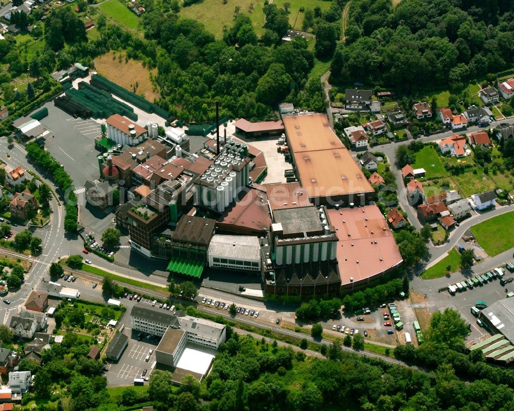 Aerial image Lich - Building and production halls on the premises of the brewery Licher Privatbrauerei Jhring-Melchior GmbH in Lich in the state Hesse, Germany