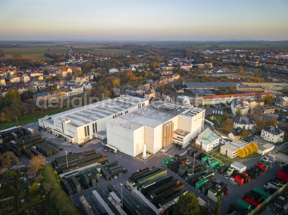 Radeberg from the bird's eye view: Building and production halls on the premises of the brewery Radeberger Exportbierbrauerei on street Dresdener Strasse in Radeberg in the state Saxony, Germany