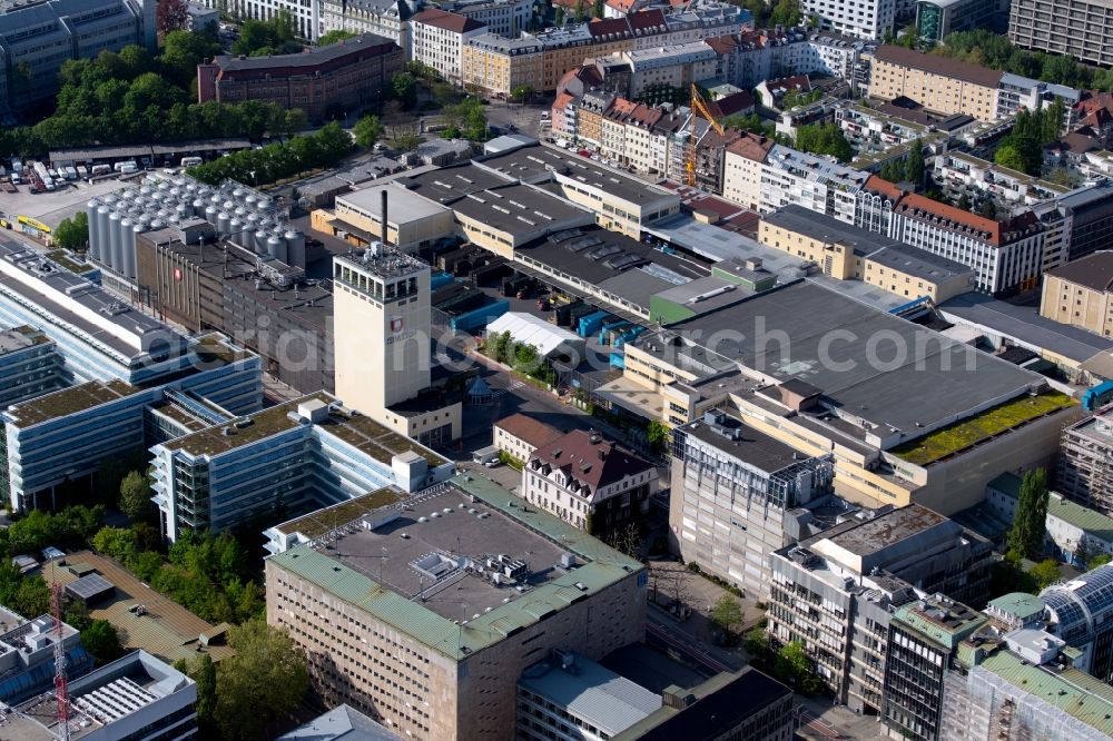 München from above - Buildings and production halls on the premises of the Spaten-Brauerei brewery on Marsstrasse in the district of Maxvorstadt in Munich in the state Bavaria, Germany