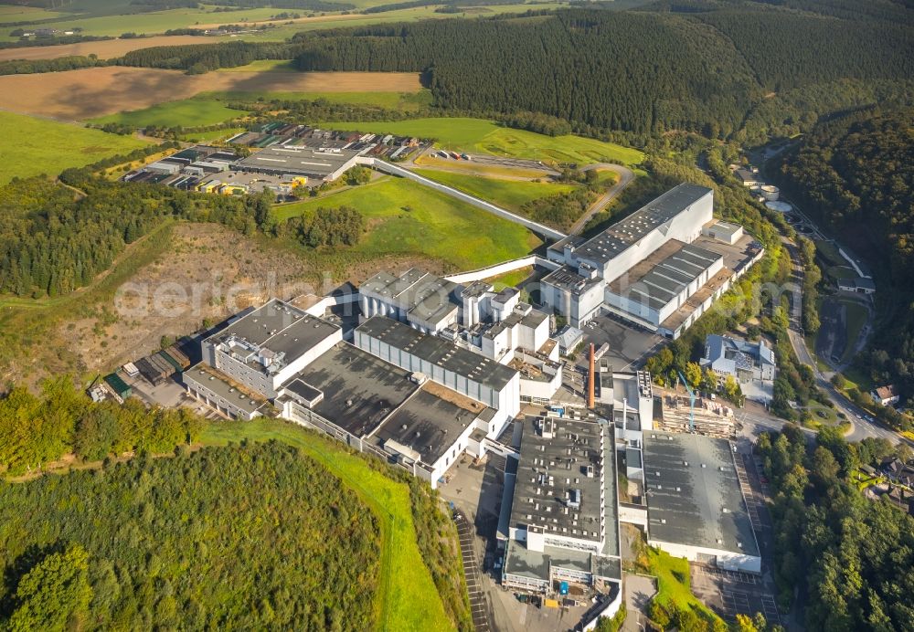 Aerial image Grevenstein - Buildings and production halls on the factory premises of the brewery - Veltinsbrauerei An der Streue in Grevenstein in the state of North Rhine-Westphalia