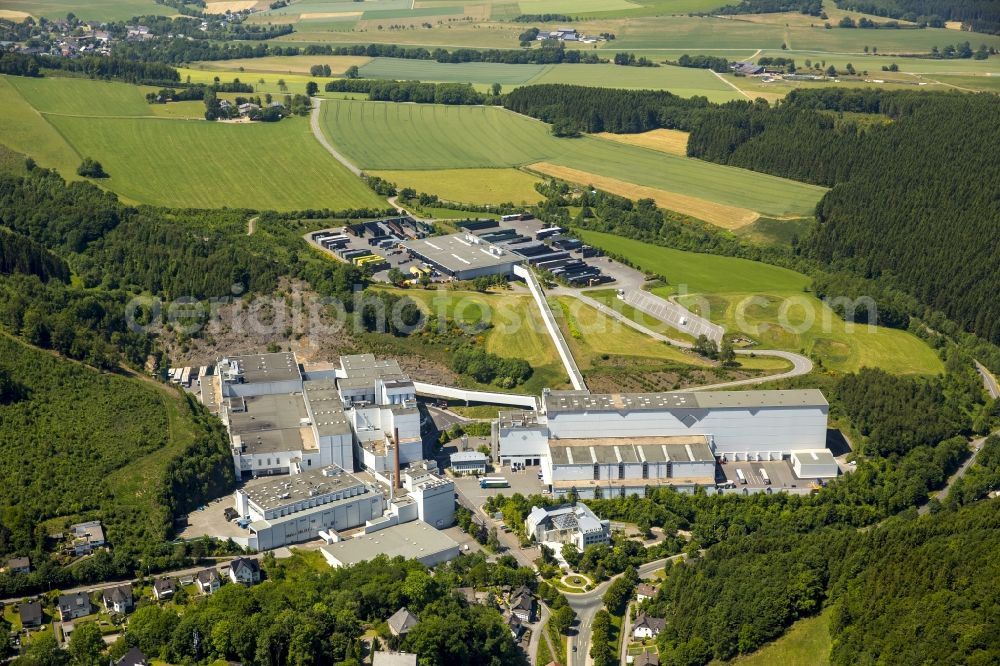 Meschede from above - Building and production halls on the premises of the brewery Veltinsbrauerei in Meschede in the state North Rhine-Westphalia