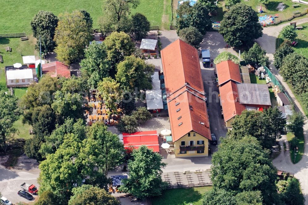 Aerial image Gauting - Tables and benches of open-air restaurant Forsthaus Kasten in Gauting in the state Bavaria