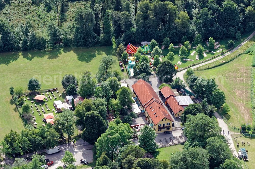 Neuried from above - Tables and benches of open-air restaurant Forsthaus Kasten in Gauting in the state Bavaria