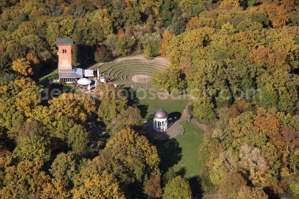 Aerial image Wiesbaden - Biergarten The Tower with amphitheater and view temple monopteros in the near of the climbing forrest on the Nero mountain in the northeast of Wiesbaden in Hesse