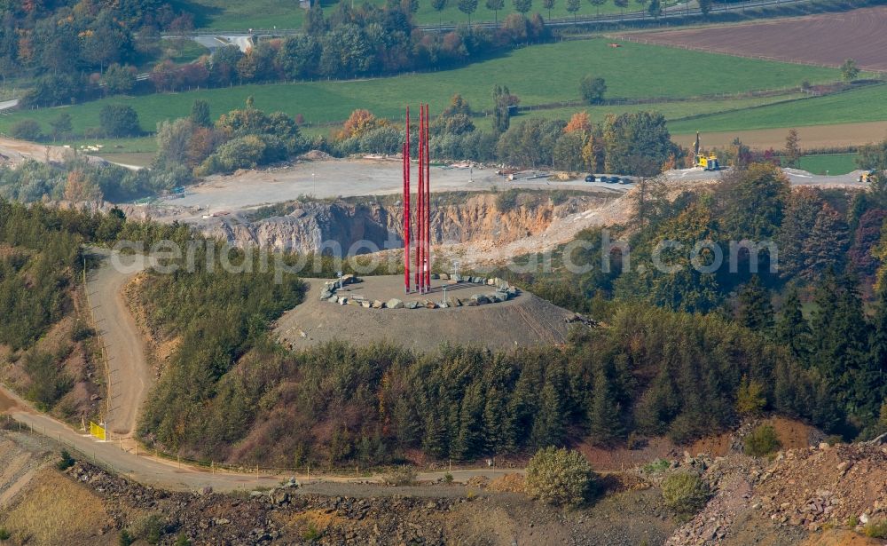 Brilon from above - Sculpture in the mining pit of Bilstein in the East of Brilon in the state of North Rhine-Westphalia