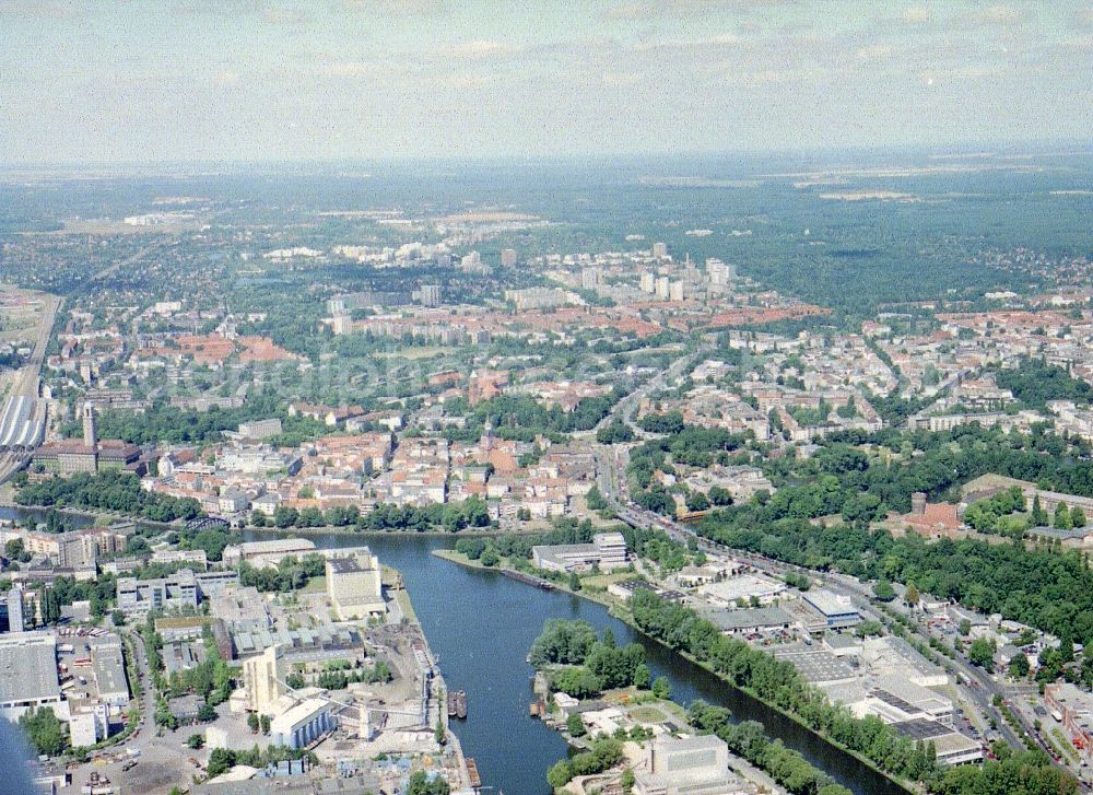 Berlin from the bird's eye view: Wharves and piers with ship loading terminals in the inner harbor Suedhafen on the Havel river in the district Spandau in Berlin, Germany