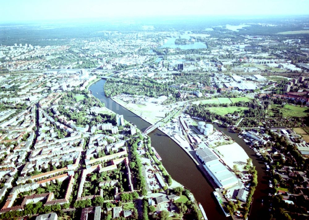 Berlin from the bird's eye view: Wharves and piers with ship loading terminals in the inner harbor Suedhafen on the Havel river in the district Spandau in Berlin, Germany