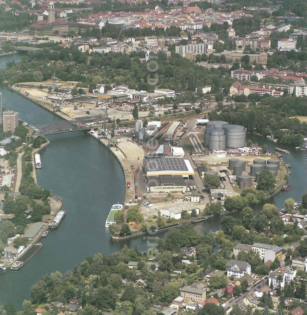 Berlin from the bird's eye view: Wharves and piers with ship loading terminals in the inner harbor Suedhafen on the Havel river in the district Spandau in Berlin, Germany