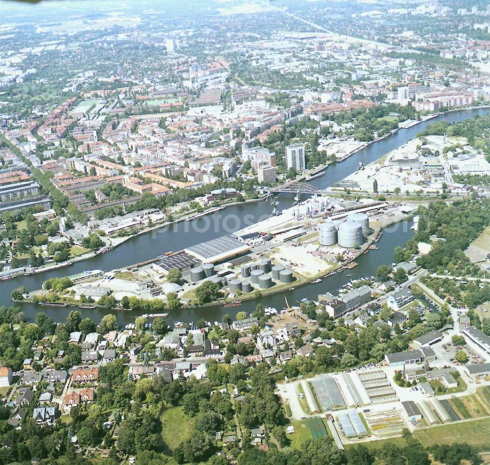 Berlin from the bird's eye view: Wharves and piers with ship loading terminals in the inner harbor Suedhafen on the Havel river in the district Spandau in Berlin, Germany