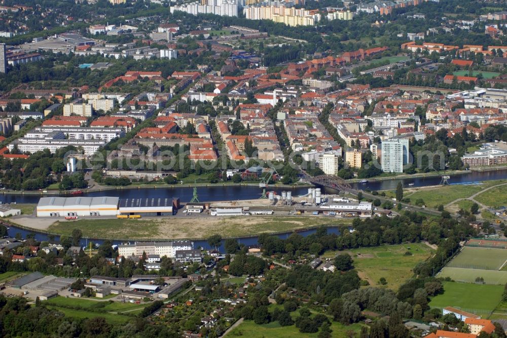 Berlin from the bird's eye view: Wharves and piers with ship loading terminals in the inner harbor Suedhafen on the Havel river in the district Spandau in Berlin, Germany