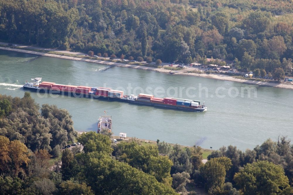 Eggenstein-Leopoldshafen from above - Ship for inland waterway transport in driving on the waterway of the river of the Rhine river in Eggenstein-Leopoldshafen in the state Baden-Wuerttemberg