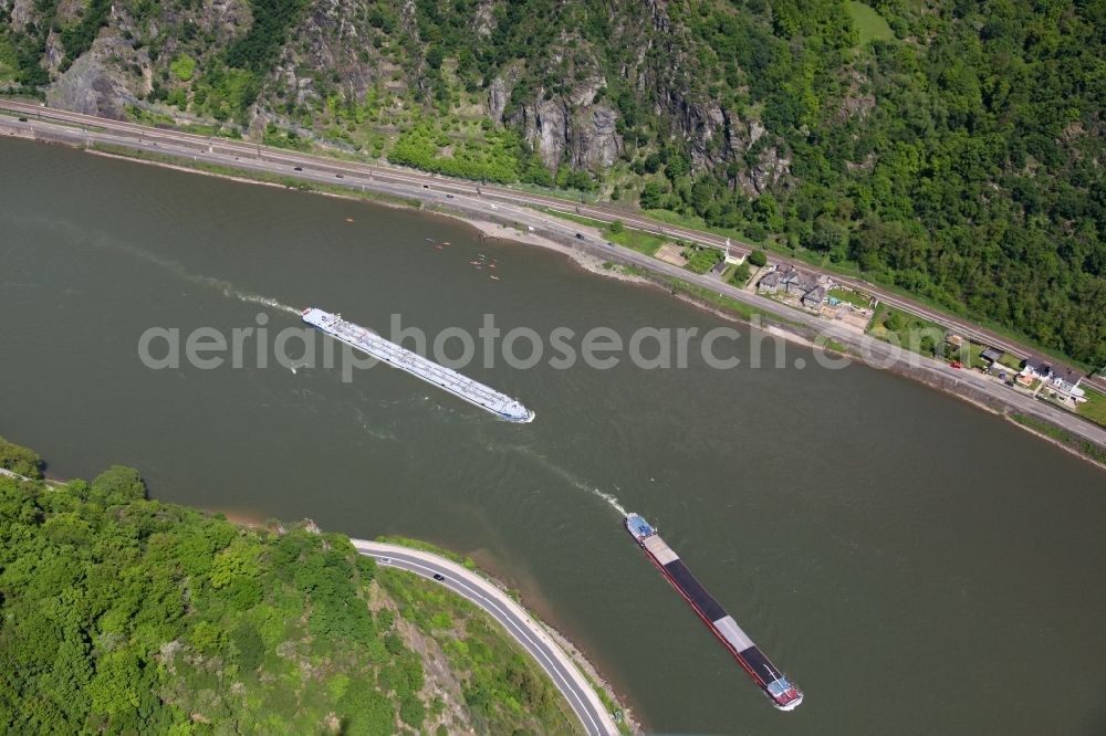 Aerial photograph Urbar - Cargo ships at a dangerous constriction of the Rhine. View of the tanker ship Josef Jaegers of Reederei Jaegers GmbH and another ship in Urbar in the state of Rhineland-Palatinate