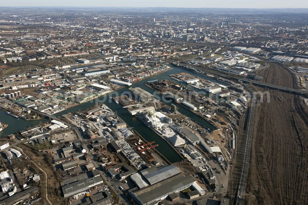 Dortmund from above - Inland waterway Centre Port of Dortmund in North Rhine-Westphalia