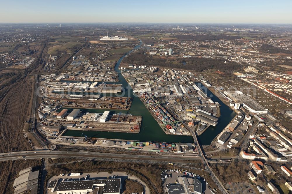 Dortmund from the bird's eye view: Inland waterway Centre Port of Dortmund in North Rhine-Westphalia