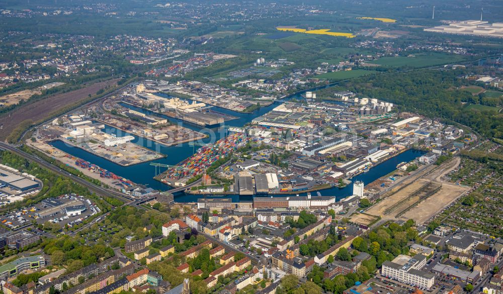 Dortmund from the bird's eye view: Inland waterway Centre Port of Dortmund at Ruhrgebiet in North Rhine-Westphalia, Germany