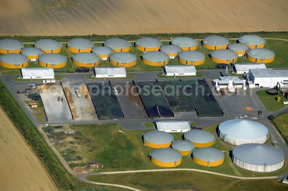 Aerial image Güstrow - Biogas storage tank in biogas park of the NAWARO BioEnergie Park Guestrow GmbH in Guestrow in the state Mecklenburg - Western Pomerania