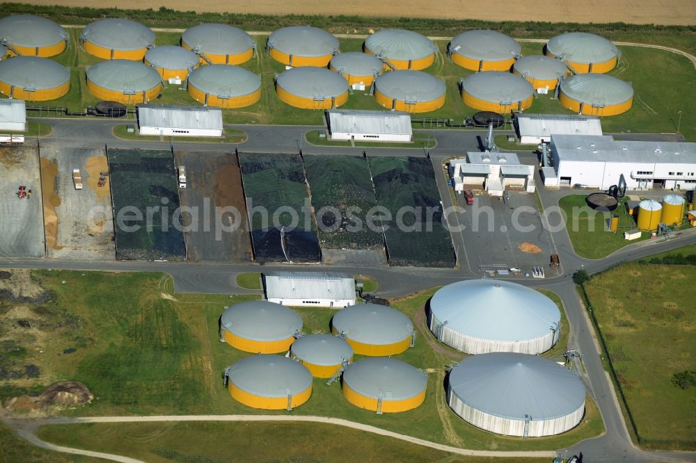 Aerial photograph Güstrow - Biogas storage tank in biogas park of the NAWARO BioEnergie Park Guestrow GmbH in Guestrow in the state Mecklenburg - Western Pomerania