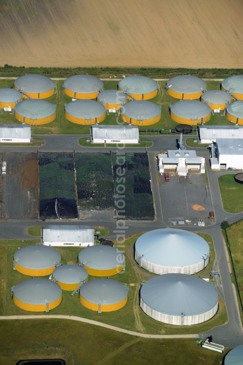 Güstrow from above - Biogas storage tank in biogas park of the NAWARO BioEnergie Park Guestrow GmbH in Guestrow in the state Mecklenburg - Western Pomerania