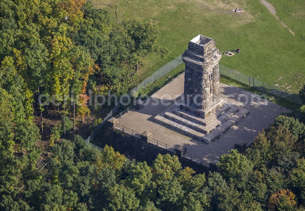 Aerial photograph Hagen - Bismarck Tower on the hillside of the Goldberg during autumn in Hagen in the state of North Rhine-Westphalia. The Hagener Bismarck Tower, which was built from greywacke and sandstone, was inaugurated in 1901