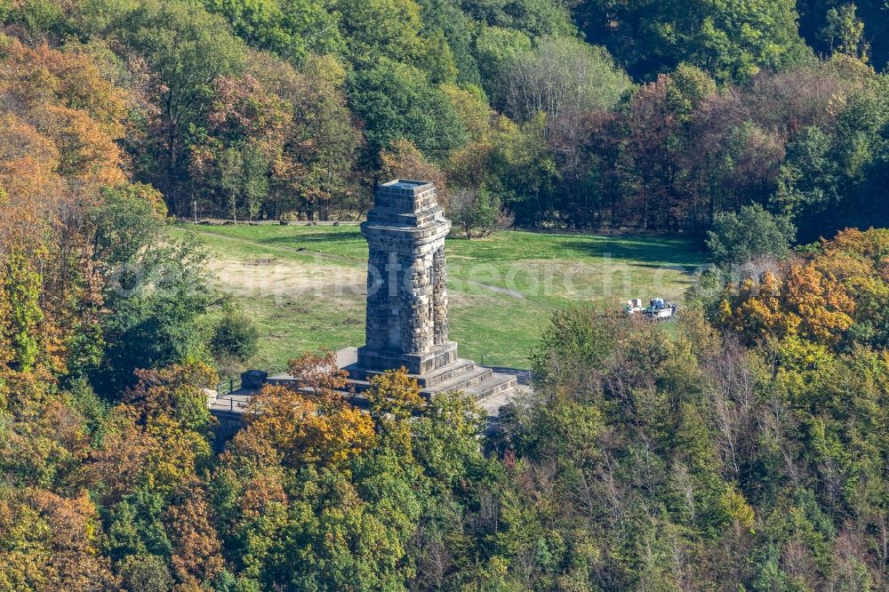 Aerial image Hagen - Bismarck Tower on the hillside of the Goldberg during autumn in Hagen in the state of North Rhine-Westphalia