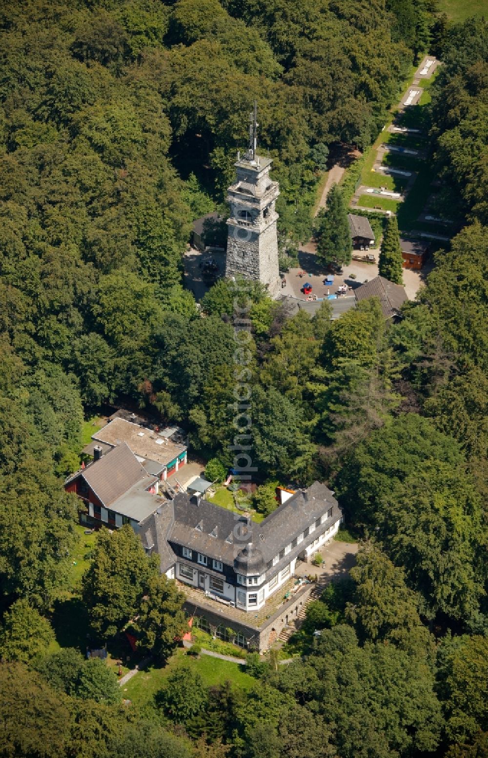 Velbert OT Langenberg from above - View of the Bismarcktower in the district of Langenberg in Velbert in the state of North Rhine-Westphalia