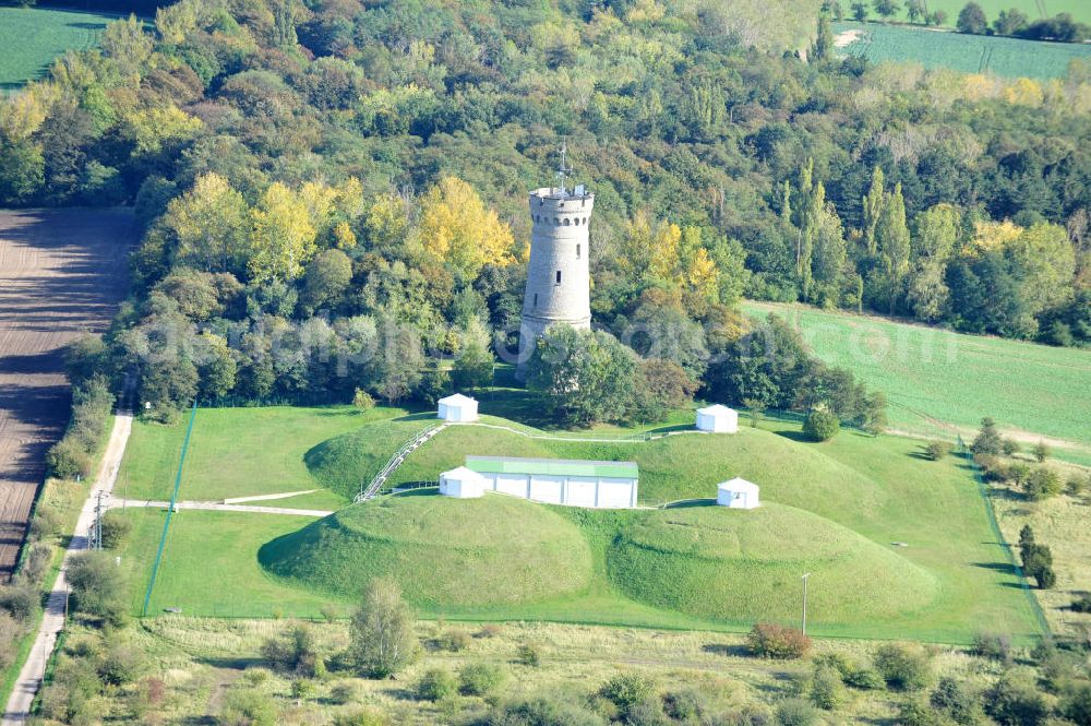 Calbe from above - Blick auf den Bismarckturm an den Wasserspeichern auf dem Wartenberg bei Calbe in Sachsen-Anhalt. View the Bismarck Tower in Calbe in Saxony-Anhalt.