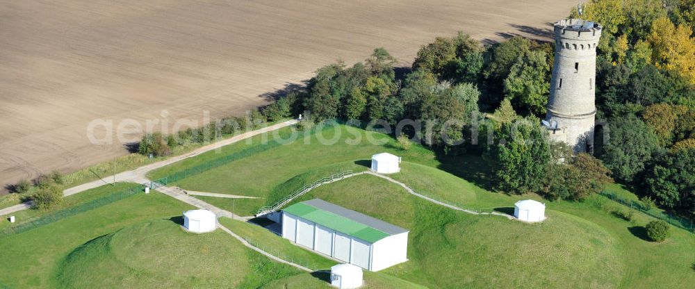 Aerial photograph Calbe - Blick auf den Bismarckturm an den Wasserspeichern auf dem Wartenberg bei Calbe in Sachsen-Anhalt. View the Bismarck Tower in Calbe in Saxony-Anhalt.