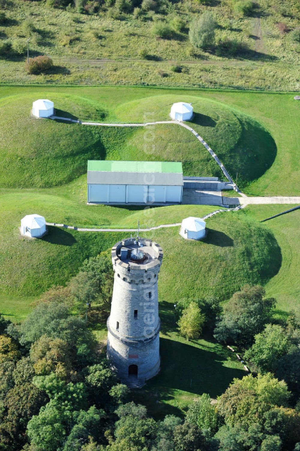 Calbe from above - Blick auf den Bismarckturm an den Wasserspeichern auf dem Wartenberg bei Calbe in Sachsen-Anhalt. View the Bismarck Tower in Calbe in Saxony-Anhalt.