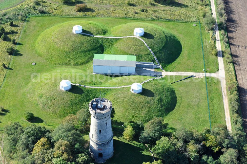 Calbe from the bird's eye view: Blick auf den Bismarckturm an den Wasserspeichern auf dem Wartenberg bei Calbe in Sachsen-Anhalt. View the Bismarck Tower in Calbe in Saxony-Anhalt.