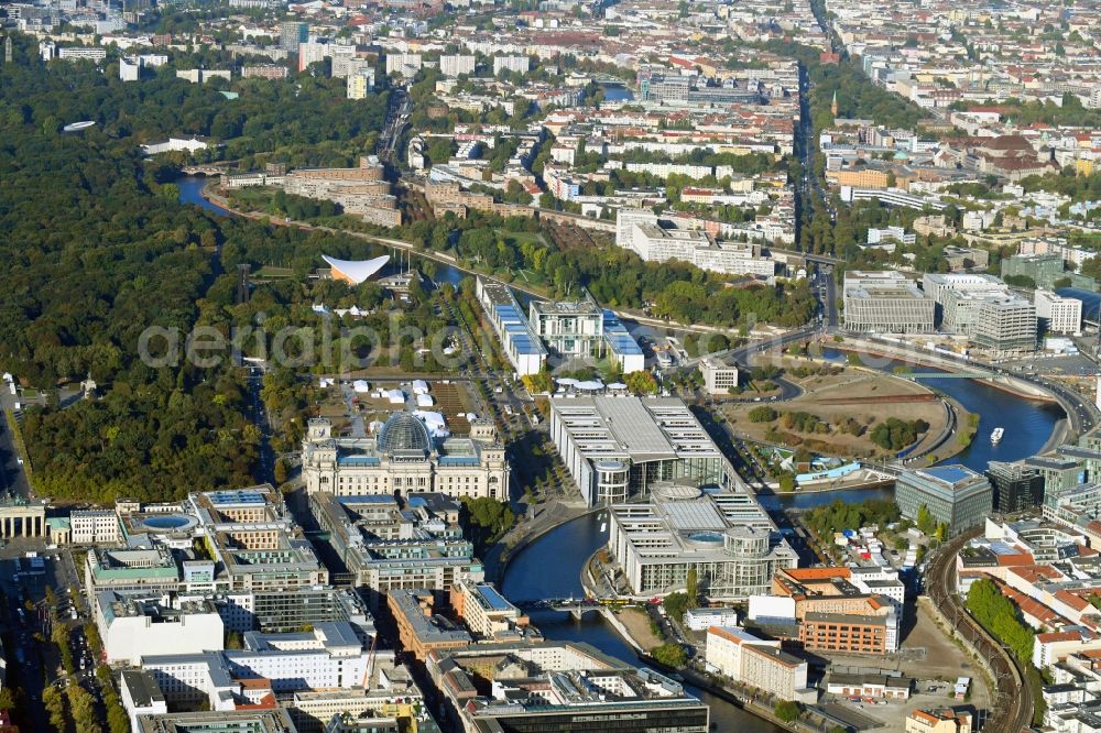 Berlin from above - Chancellor's Office opposite the house of the Swiss Embassy in the government district on the banks of the River Spree in Berlin Tiergarten