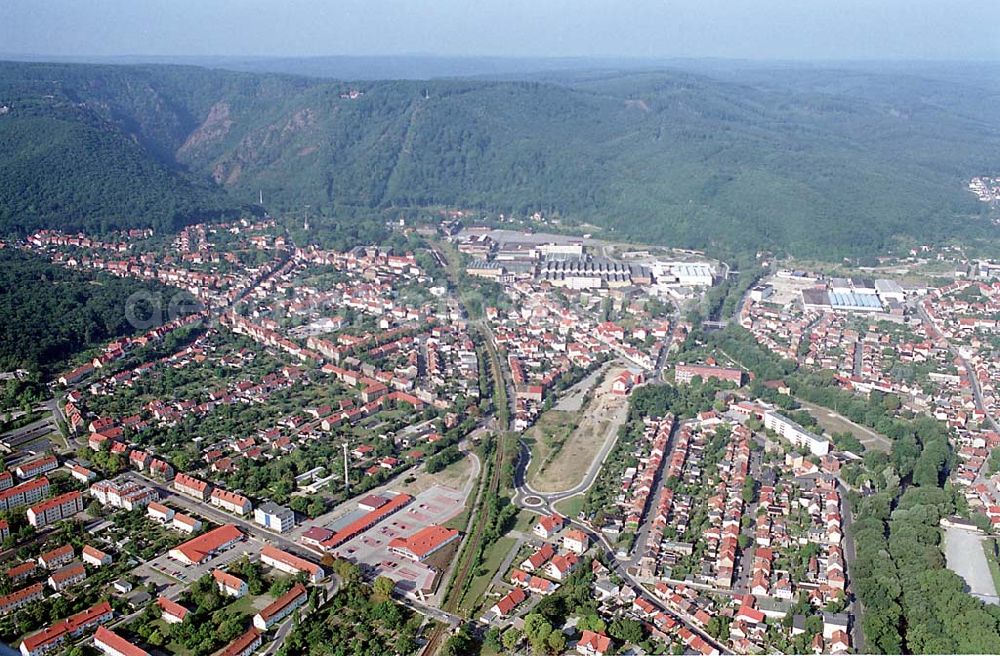 Blankenburg / Sachsen-Anhalt from the bird's eye view: Blankenburg / Sachsen-Anhalt Stadtansicht von Blankenburg im Harz / Sachsen-Anhalt mit Blick auf die Seilbahn zur Roßtrappe (im Hintergrund)