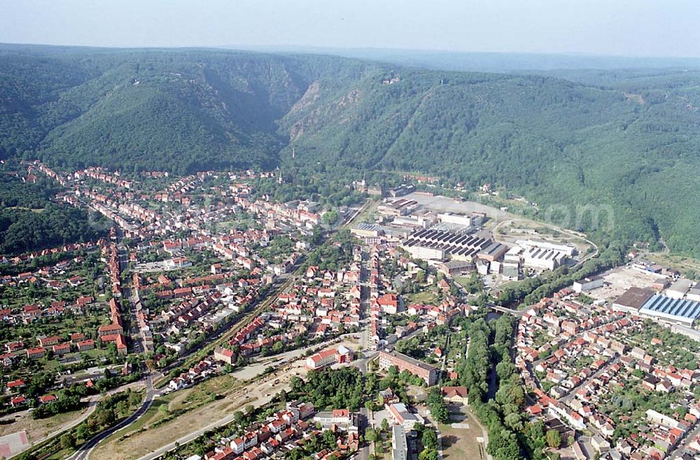 Aerial image Blankenburg / Sachsen-Anhalt - Blankenburg / Sachsen-Anhalt Stadtansicht von Blankenburg im Harz / Sachsen-Anhalt mit Blick auf die Seilbahn zur Roßtrappe (im Hintergrund)