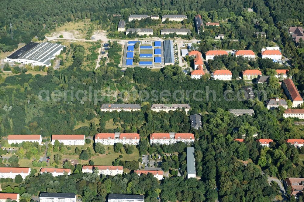 Aerial image Zossen - Blue colored Container settlement as temporary shelter and reception center for refugees on Moscheestrasse in Zossen in the state Brandenburg