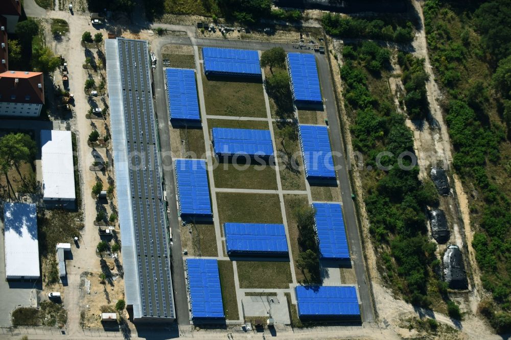 Aerial image Zossen - Blue colored Container settlement as temporary shelter and reception center for refugees on Moscheestrasse in Zossen in the state Brandenburg