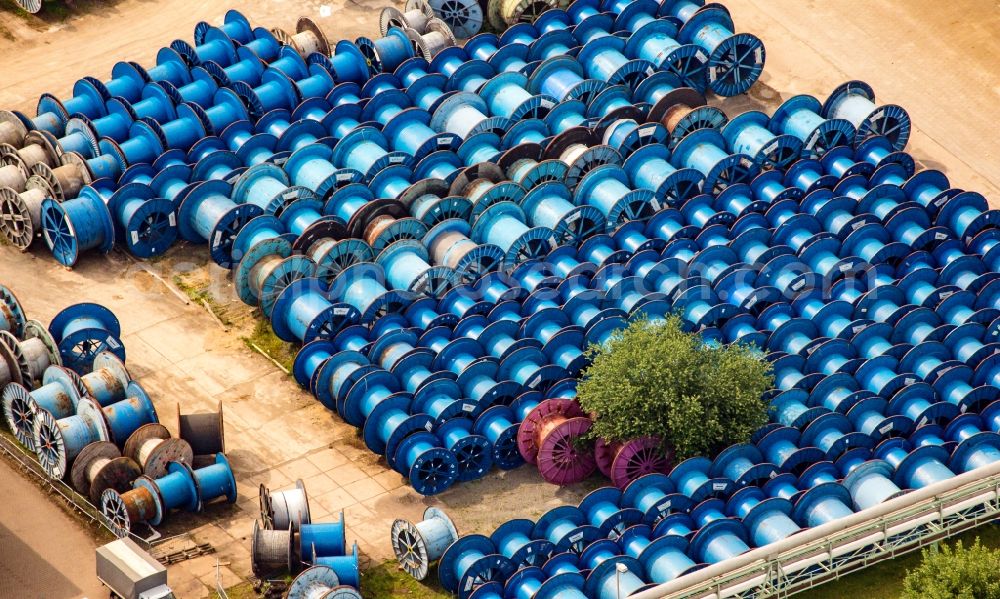 Leverkusen from above - Blue cable drums at Bayer factory in Leverkusen in the state North Rhine-Westphalia, Germany