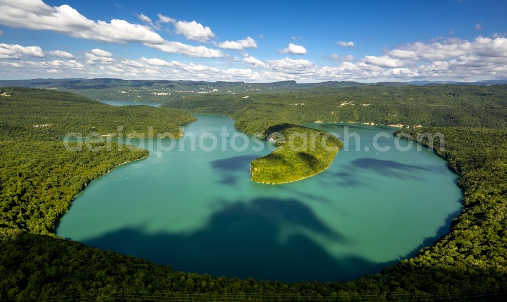 Lect from the bird's eye view: Blue lake landscape in Lect in the province of Franche-Comté in France